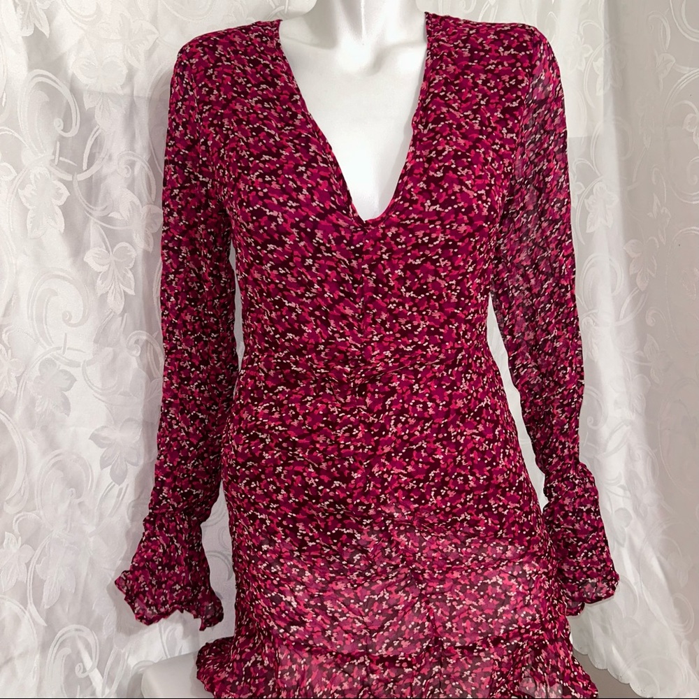 Fletch Feminine Fuchsia Pink Printed Paint Flowy Viscose V-Neck Summer Dress